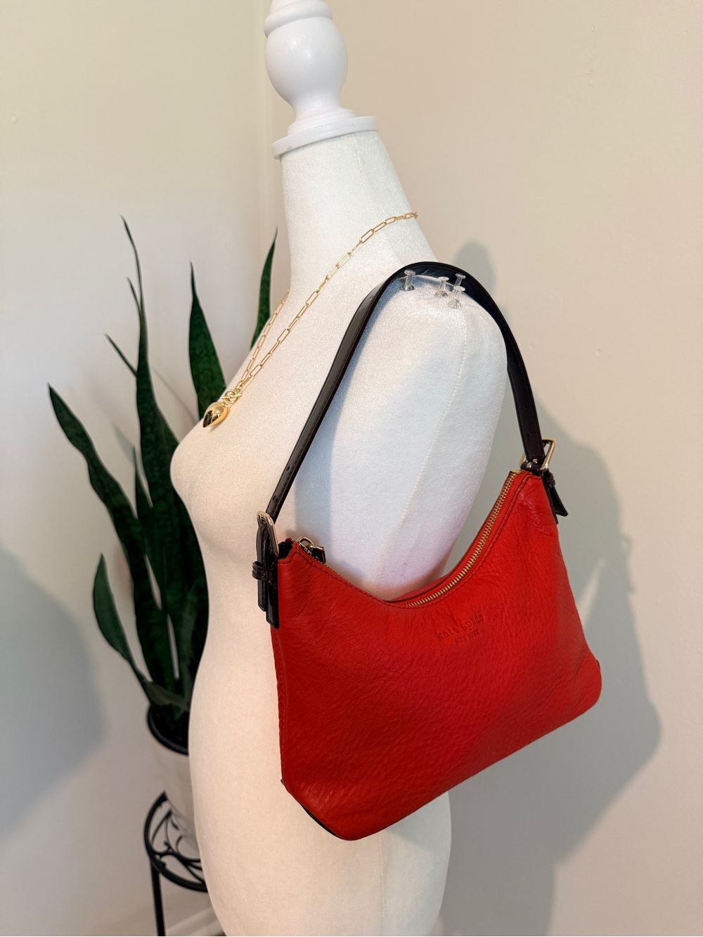 Kate Spade | Red Pebbled Leather Mini Hobo Bag with Black/Brown Patent Trim - Picture 14 of 14